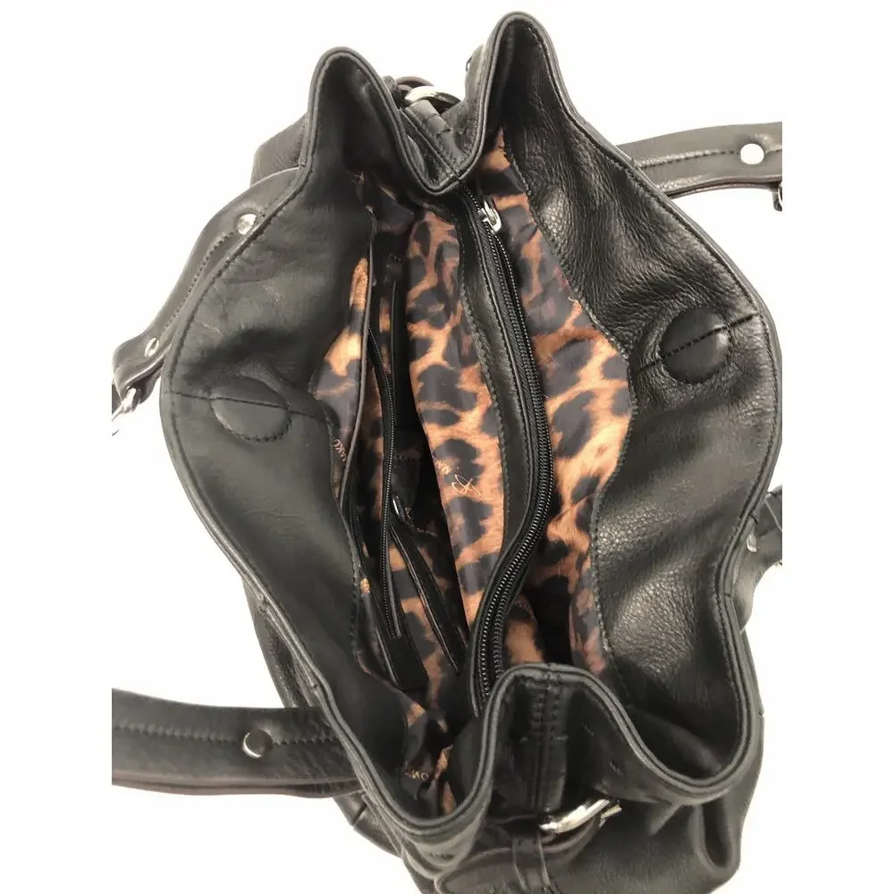 B Makowsky Soft Leather Black Front Leopard Calfhair Print Pocket Purse Hobo Bag